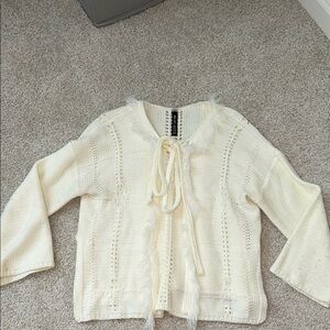 Design Lab Lord & Taylor Cream Cardigan with Tie Detail